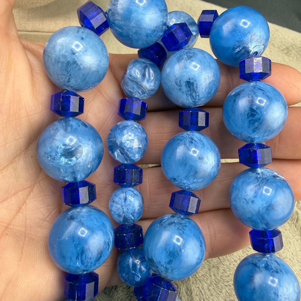 Vintage Chunky Beaded‎ Necklace Blue Acrylic 27"